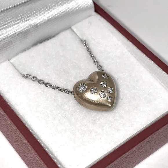 Solid 14K Yellow White Gold Natural Diamond Chunky Puffy Heart Pendant Necklace - Picture 11 of 17